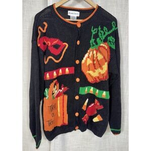 Vtg. Alexandra Bartlett Halloween Trick Or Treat Pumpkin Cardigan Sweater Sz M